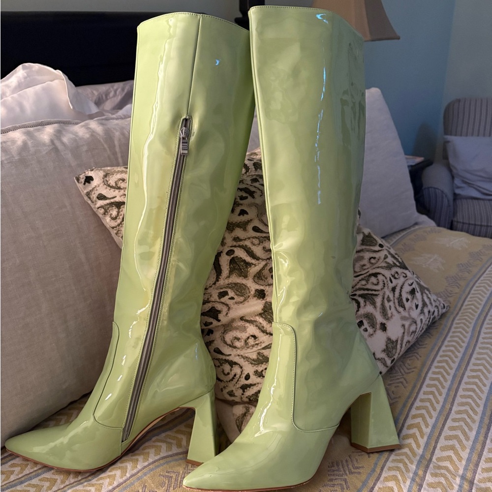 Bright Green shiny pleather knee high boots